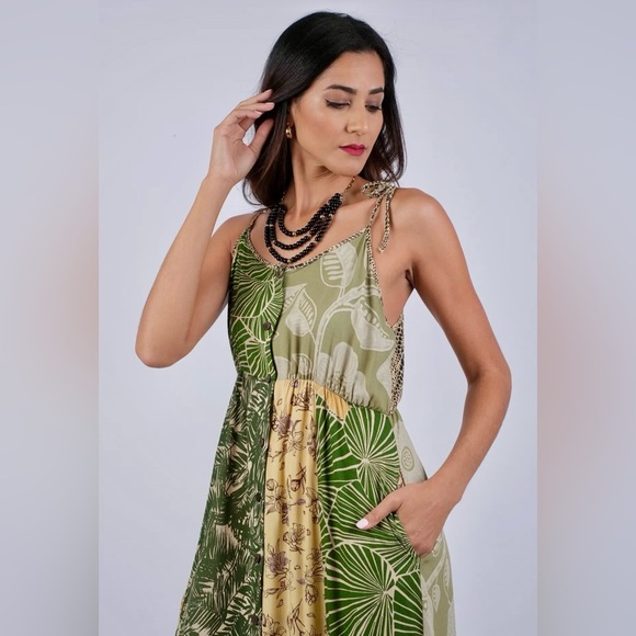 Fair trade botanical floral patchwork Green Yellow Vegan A Line Maxi Boho Dress - Picture 4 of 7